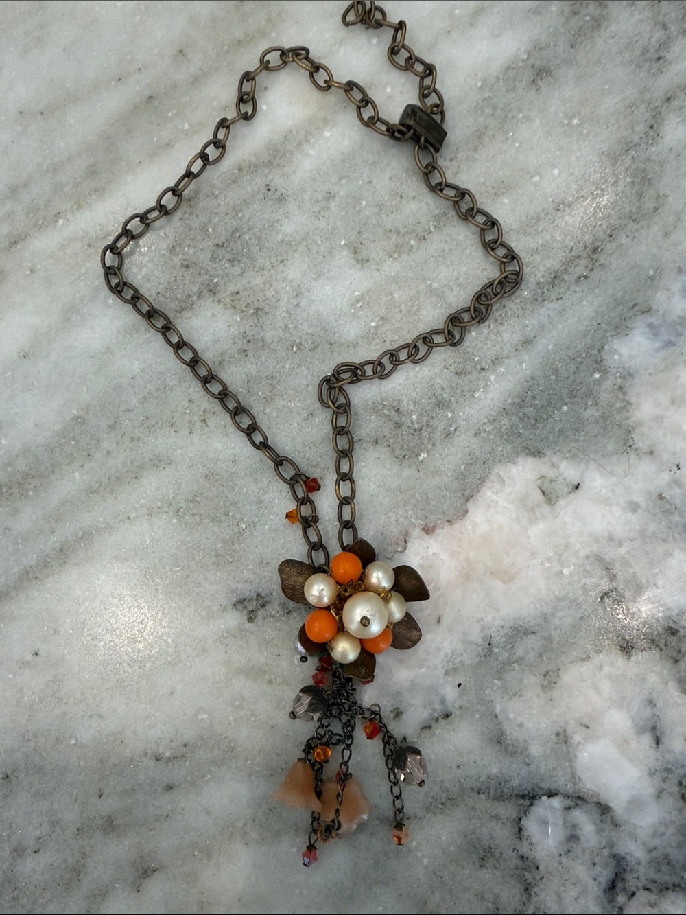 Vintage-Inspired Orange Pearl Flower Pendant Necklace